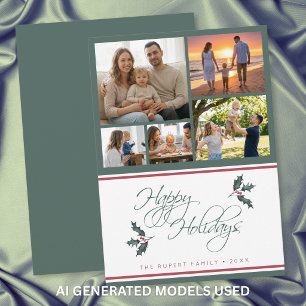 Modern Holly Five Photo Collage Happy Holidays Holiday Card