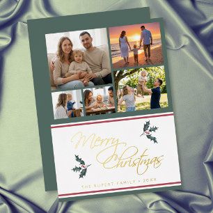Modern Holly Five Photo Collage Merry Christmas Foil Holiday Card