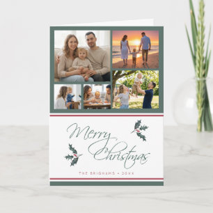 Modern Holly Five Photo Collage Merry Christmas Holiday Card