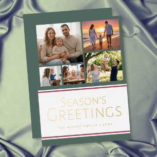 Modern Holly Five Photo Collage Seasons Greetings Foil Holiday Card