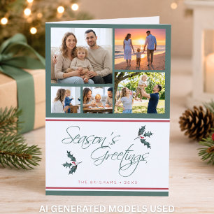 Modern Holly Five Photo Collage Seasons Greetings Holiday Card