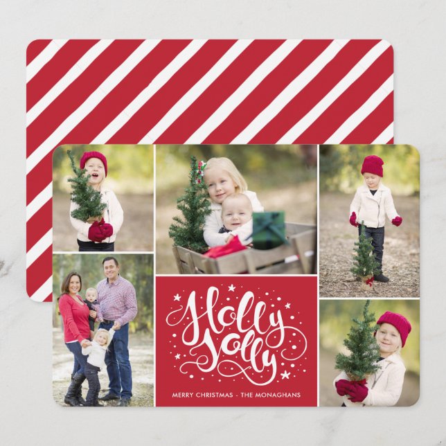 Modern Holly Jolly Photo Collage Christmas Red Holiday Card (Front/Back)