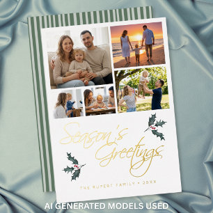 Modern Holly Photo Collage Seasons Greetings Foil Holiday Card