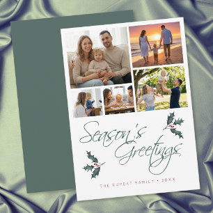 Modern Holly Photo Collage Seasons Greetings Holiday Card