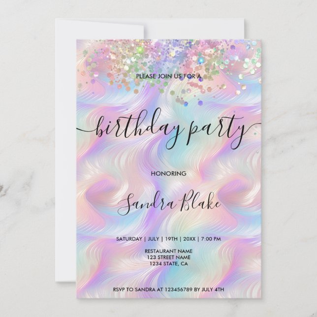 Modern Holograph Girly Trendy Birthday Invitation (Front)