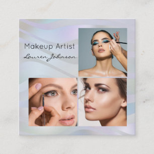 Modern Holographic 3 Photo Makeup  Square Business Card