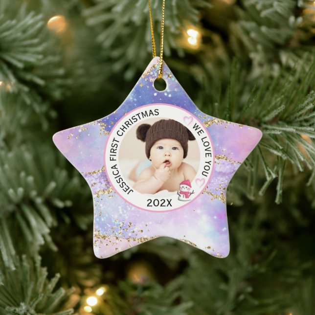 Modern Holographic Baby Girl First Christmas Photo Ceramic Ornament (Tree)
