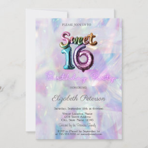Modern Holographic Balloon Sweet 16 Invitation