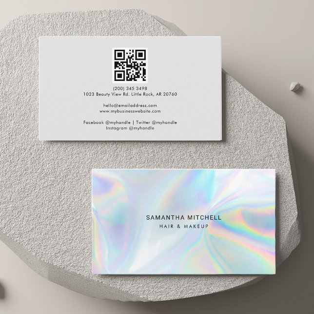 Modern Holographic Beautician Trendy Business Card (Holographic QR Code Stylist Minimalist Business Card)