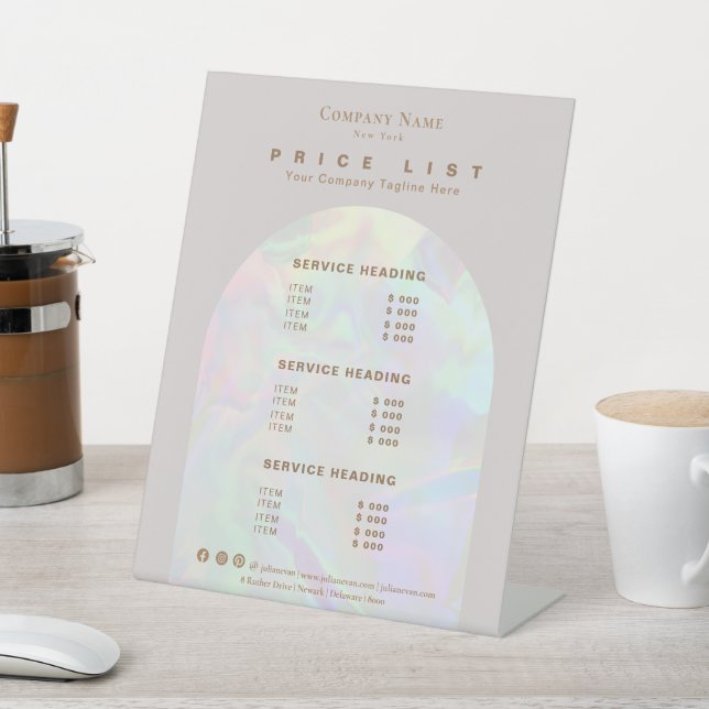 Modern Holographic Beige Beauty Service Price List Pedestal Sign (In SItu)