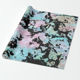 Modern Holographic & Black Glitter Marble Image Wrapping Paper