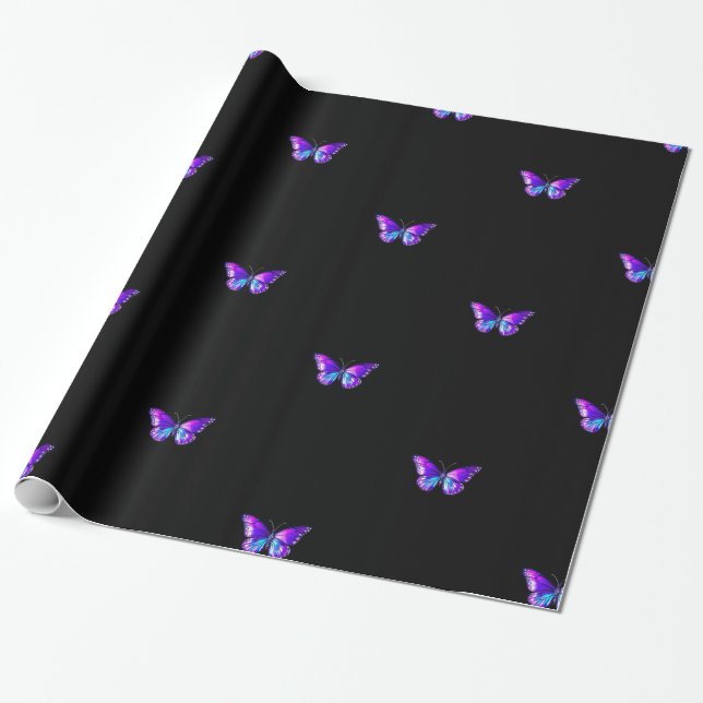 Modern Holographic Butterfly Wrapping Paper Black (Unrolled)
