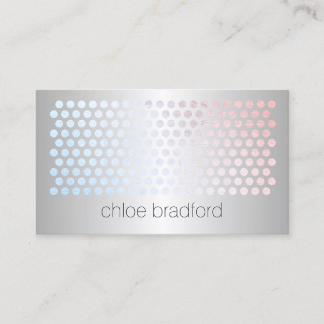 Modern Holographic Dot Pattern on Faux Silver Business Card (Front)