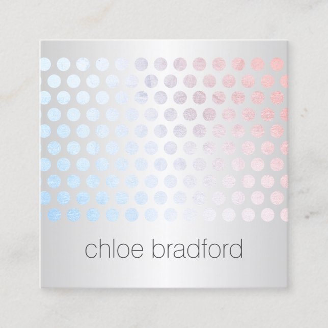 Modern Holographic Dot Pattern on Faux Silver Square Business Card (Front)