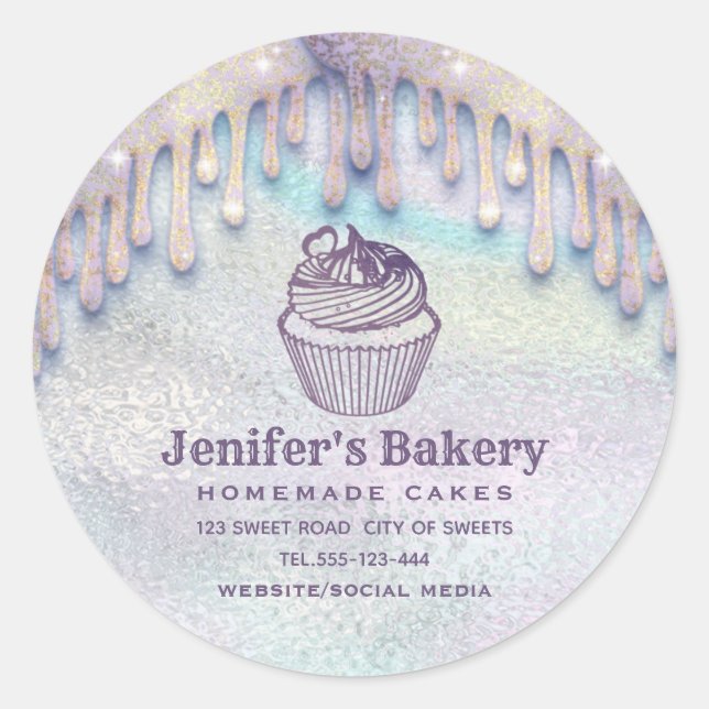 Modern holographic drips cupcake  bakery chef classic round sticker (Front)