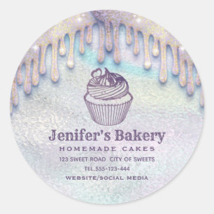 Modern holographic drips cupcake  bakery chef classic round sticker
