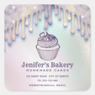 Modern holographic drips cupcake  bakery chef square sticker