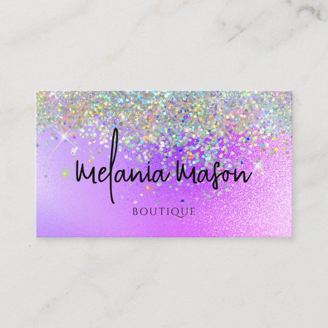 Modern Holographic Glitter Boutique shop Purple Business Card (Front)