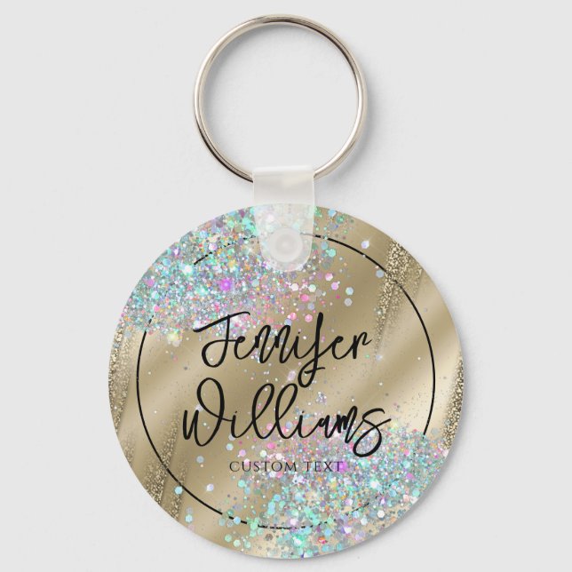 Modern Holographic Glitter Faux Foil Gold Business Key Ring (Front)