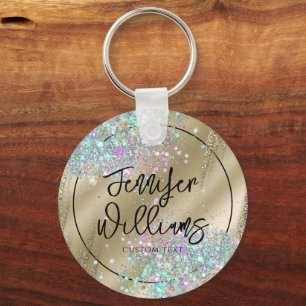 Modern Holographic Glitter Foil Faux Gold Business Key Ring