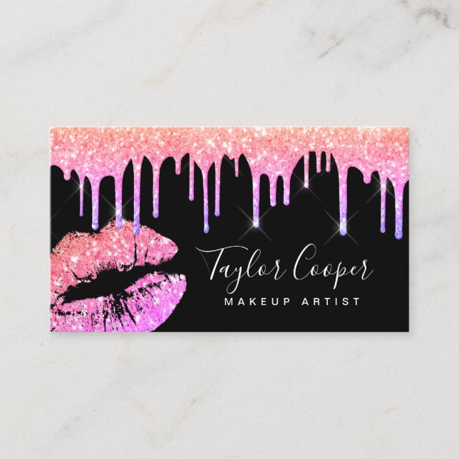 Modern holographic glitter lips makeup artist  business card (Front)
