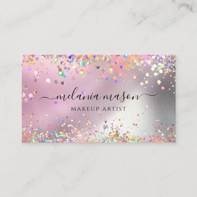 Modern Holographic Glitter Makeup Artist Pink Business Card (Front)