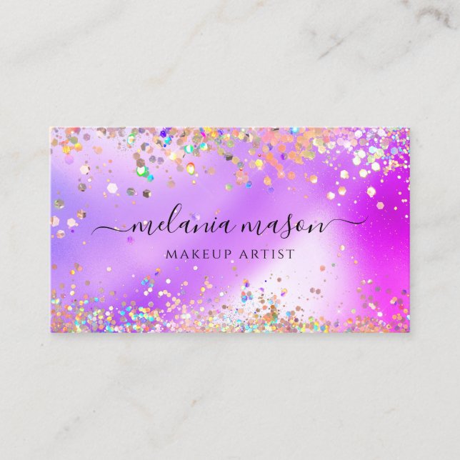 Modern Holographic Glitter Makeup Artist Purple Business Card (Front)