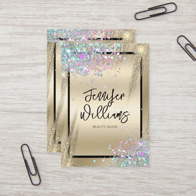 Modern Holographic Glitter Metallic Gold Beauty Business Card (Front/Back In Situ)