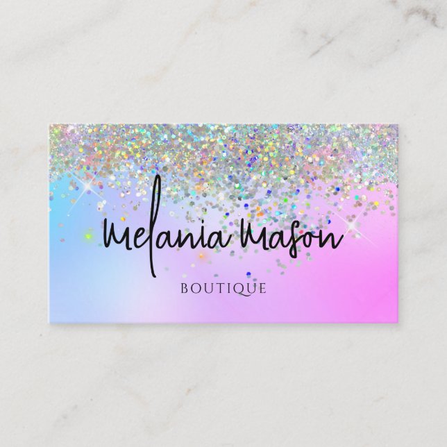 Modern Holographic Glitter Purple Boutique shop Business Card (Front)