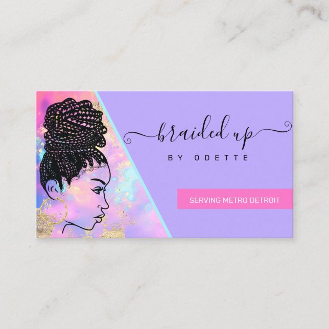 Modern Holographic Hair Braiding Braider Stylist Business Card (Front)