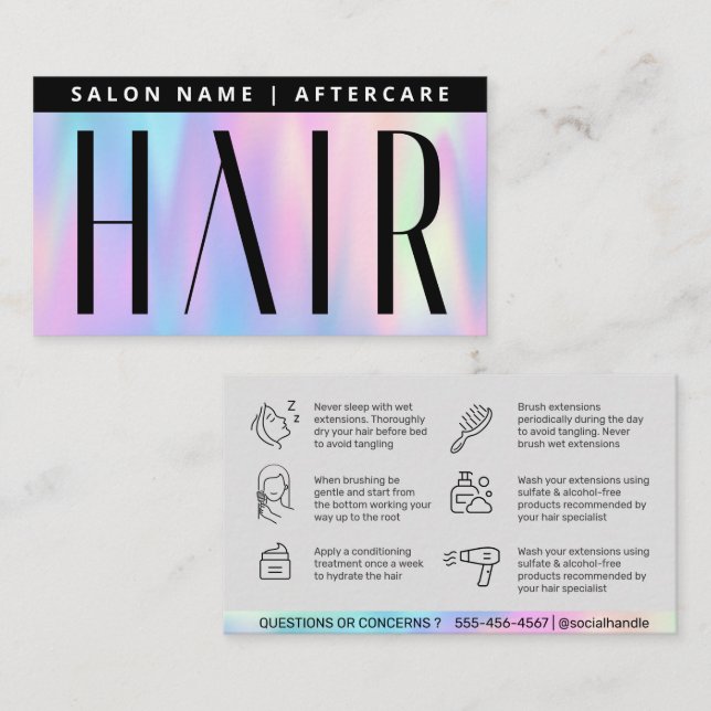 Modern Holographic Hair Extensions After Care Hair Business Card (Front/Back)
