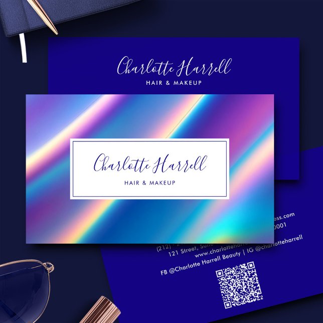 Modern Holographic Iridescent Script QR Code Business Card (Creator Uploaded)