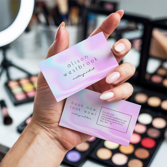 Modern holographic makeup artist pink rainbow business card (Modern holographic makeup artist pink rainbow)