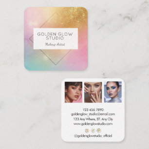 Modern Holographic Makeup Artist Rainbow Gold Square Business Card