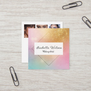 Modern Holographic Makeup Artist Rainbow Gold Square Business Card