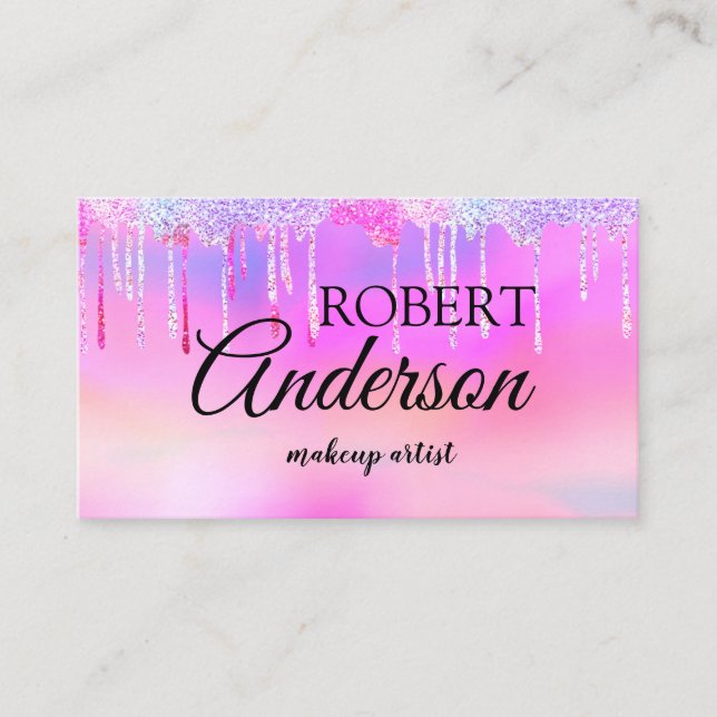 Modern holographic makeup artist unicorn rainbow b business card (Front)