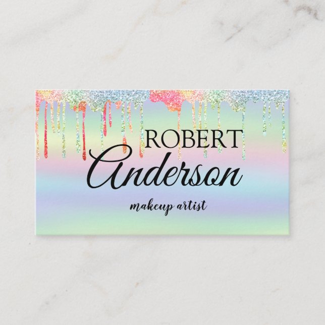 Modern holographic makeup artist unicorn rainbow business card (Front)