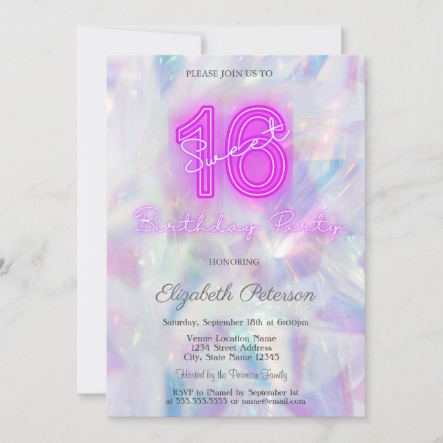 Modern Holographic Neon Sweet 16 Invitation (Front)