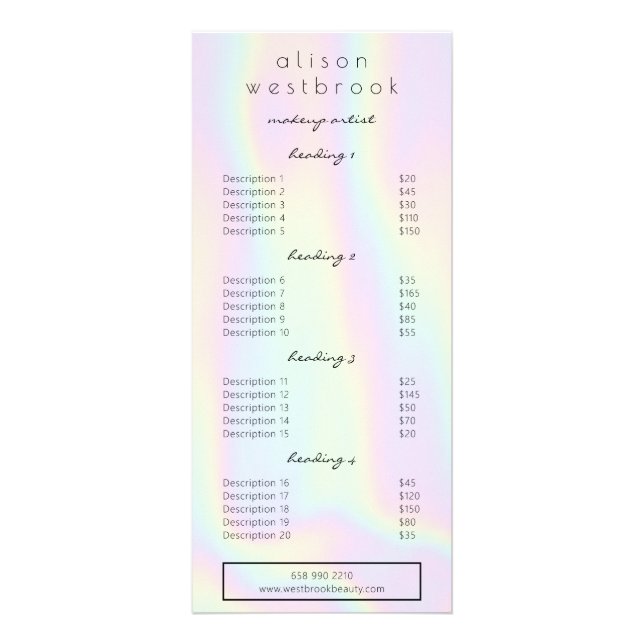 Modern holographic pastel glam salon service menu (Front)