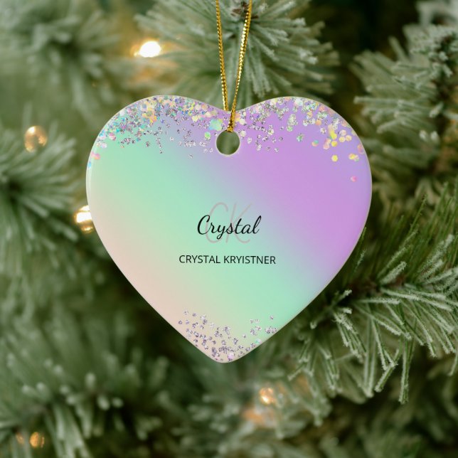 Modern Holographic Pastel Glitter Monogram Ceramic Ornament (Tree)