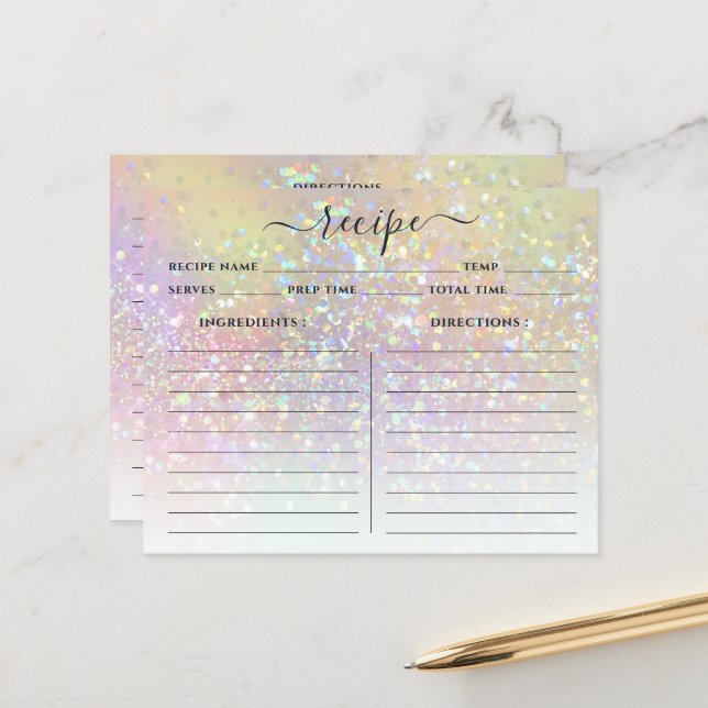 Modern Holographic Pastel Glitter Recipe Cards (Front/Back In Situ)