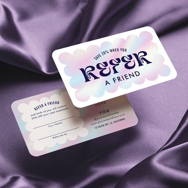 Modern Holographic Retro Logo Refer A Friend Referral Card (Trendy holographic effect referral cards with space for your logo and custom discount offer)