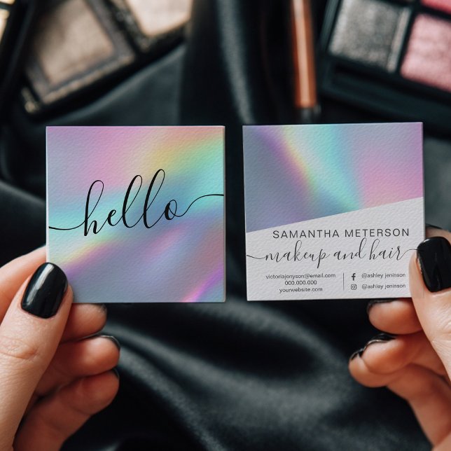 Modern Holographic Script Hello Beauty Branding Square Business Card (Modern Holographic Script Hello Beauty Branding Square Business Card)