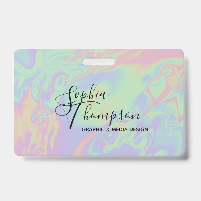 Modern Holographic Script Rainbow Pastel - Badge ID Badge (Front)