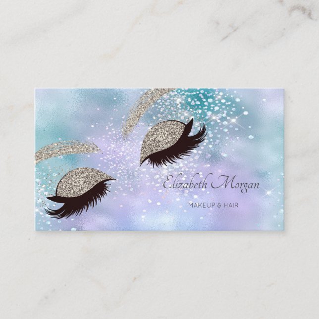 Modern Holographic Silver Glitter Faux Lashes Business Card (Front)