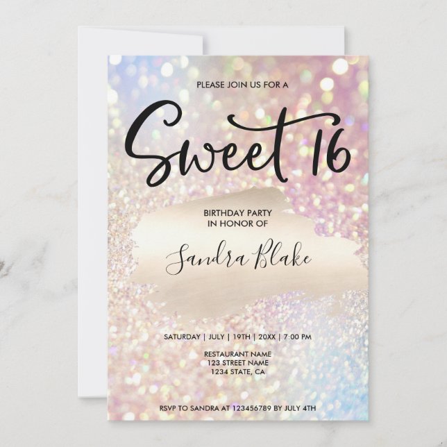  Modern Holographic Sparkling Glitter Calligraphy  Invitation (Front)