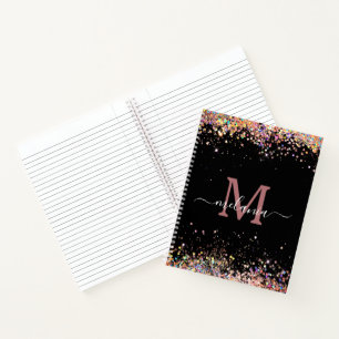 Modern Holographic Sparkly Glitter Black Monogram Notebook