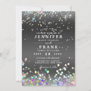 Modern Holographic Sparkly Glitter Black Wedding Invitation