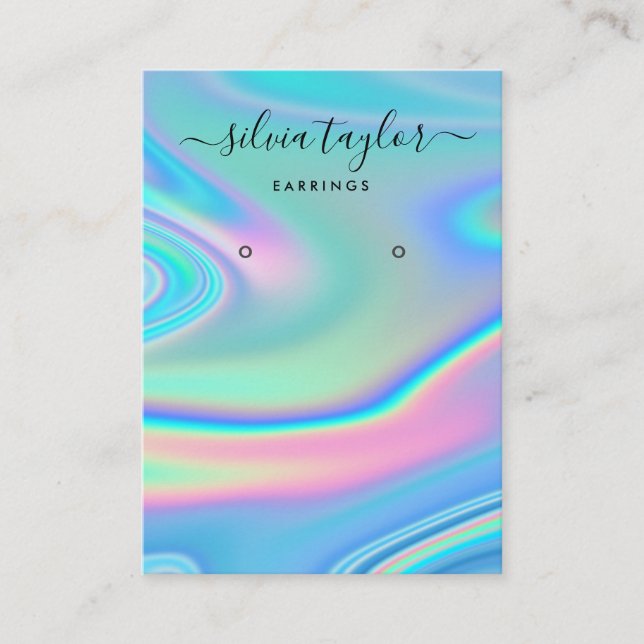 Modern holographic unicorn script earring display  business card (Front)