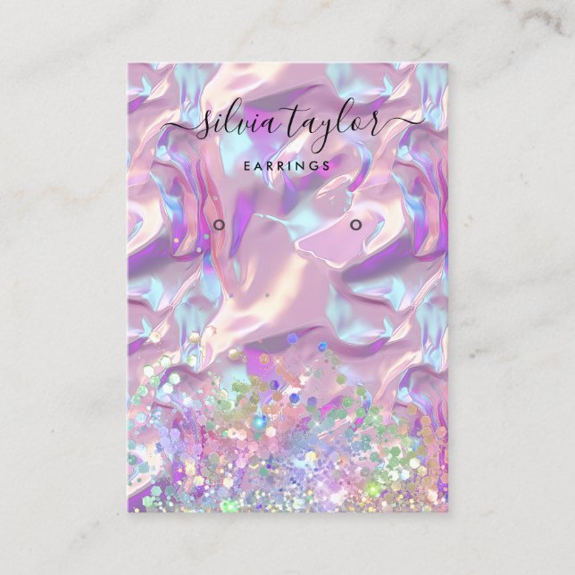 Modern holographic unicorn script earring display  business card (Front)